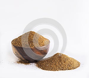 Canola powder milling meal on white background