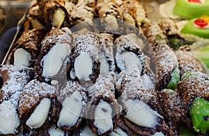 Canolli Sicilian with pistachio and ricotta cream traditional Italian sweets