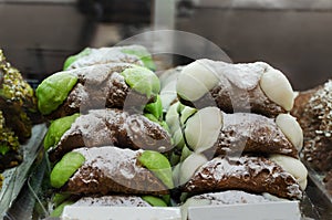 Canolli Sicilian with pistachio and ricotta cream traditional Italian sweets