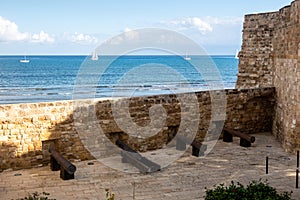 Canons at Larnaca Castle, pointing at the Mediterranean coast. Larnaca, Cyprus