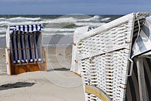 A canopied beach chairs, sandy beach in Kolobrzeg