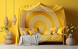 Canopy Bed Affixed to Yellow Wall -Generative Ai photo