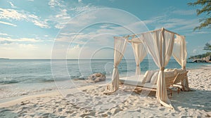 A canopy bed on the beach with a view of ocean, AI