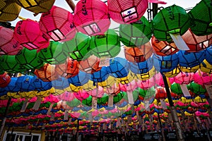 Canopy of colorful paper lanterns at Haedong Yonggungsa Temple.