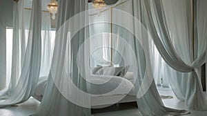 Canopy Dreamland: Bedroom Retreat with Flowing White Curtains Adorning a Luxurious Canopy Bed