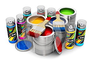 Cans with color paint, paintbrushes and spray paints