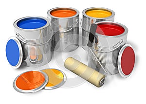 Cans with color paint and roller brush