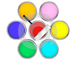 Cans with color paint and roller brush