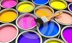 cans of coloured paint and brush. 3d render