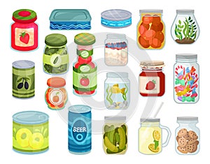 Cans and Jars with Preserved Food and Snacks Big Vector Set