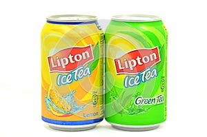 Cans of Lipton Ice Tea drink isolated on white background.