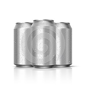 Cans mockup with water drops, 3D realistic blank cylinder tin can with dew droplets