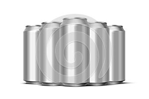 Cans mockup with water drops vector illustration. 3D realistic blank cylinder tin can with dew droplets of condensation