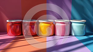 Cans with multi-colored paints for printing or interior design - yellow, pink, red, blue. Generative AI