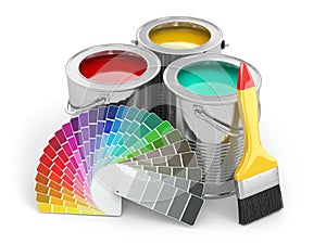 Cans of paint with colour palette and paintbrush.