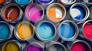 Cans of paint of different colors, top view. Generative AI
