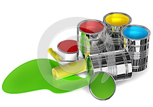 Cans of paint and roller