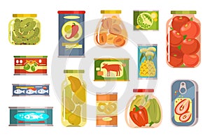 Cans with preserved food. Conserved products. Fruit compotes and jams. Marinated vegetables in glass jars. Canned meat