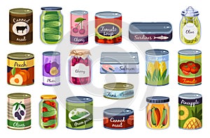 Cans preserved products. Canned food, glass jars with vegetables, fruits, tins with meat and fish, homemade compotes