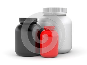 Cans of protein or gainer powder photo