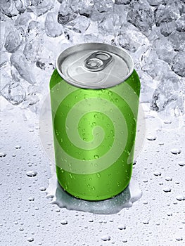 Cans on water drops background