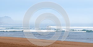 Cantabrian Sea. Zarautz beach and RatÃ³n de Getaria in the waters of the Cantabrian Sea, Euskadi