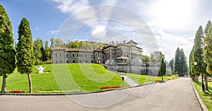 Cantacuzino Castle in Busteni city of Romania in a wide angle view