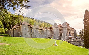 Cantacuzino Castle in neo romanian architectural style in Busteni on a sunny day at dusk