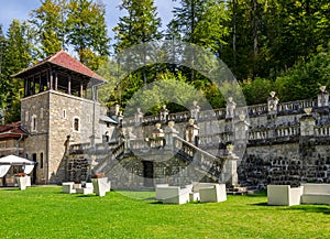 Cantacuzino Palace garden with a beautiful stone wall