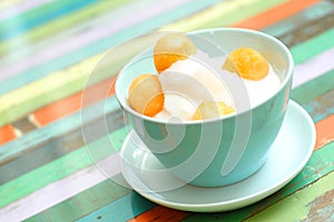 Cantaloupe ball on ice