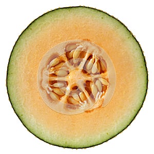 Cantaloupe melon cut half in crosswise saw the seeds on light orange flesh.