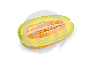 Cantaloupe melon cut in half looking healthy and delicious, isolated on white background