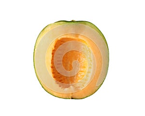 Cantaloupe melon cut into slices isolated on white.
