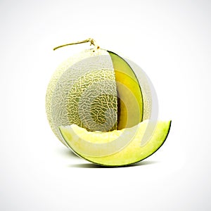 Cantaloupe Melon, with green flesh on the White Blackground