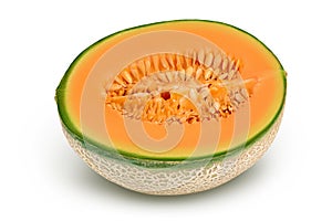 Cantaloupe melon half isolated on white background with clipping path and full depth of field.