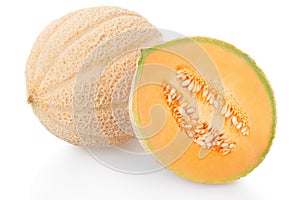 Cantaloupe melon and half on white