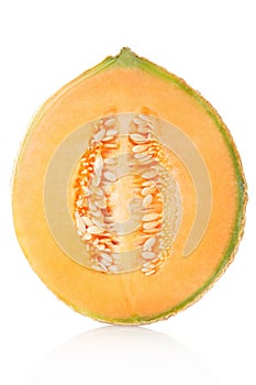 Cantaloupe melon half on white