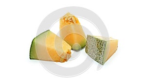 Cantaloupe melon slice pieces, Isolated on white background.