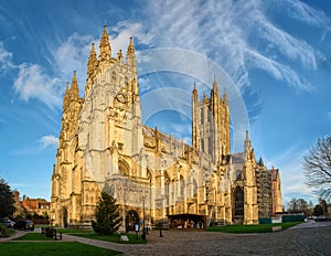 Canterbury cathedral in sunset rays, England