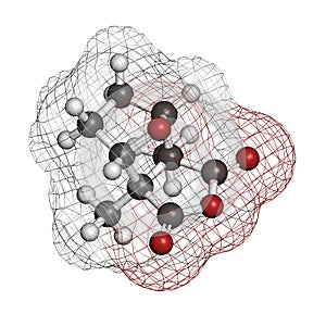 Cantharidin blister beetle poison molecule. Secreted by blister beetles, spanish fly, soldier beetles, etc. Atoms are represented