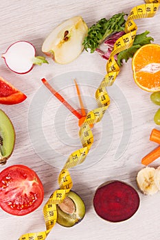 Cantimeter and clock made of fruits and vegetables containing minerals, time to diet and slimming concept