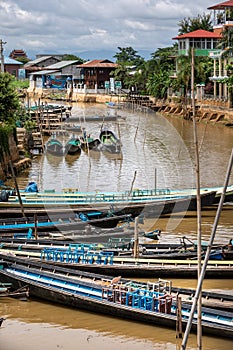 Fishing boats along the Inle canal river. Myanmar, Burma