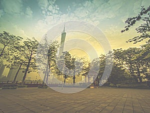 The Canton Tower formally Guangzhou TV Astronomical and Sightseeing. Viewed from the front entrance of Park with traditional