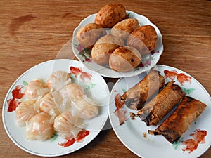 Cantonese assorted dim sum Har gow, Haam Seoi Gaau and Spring roll