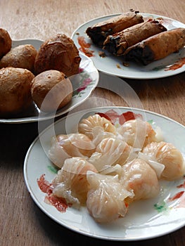 Cantonese assorted dim sum Har gow, Haam Seoi Gaau and Spring roll