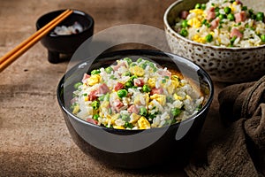 Cantonese Fried Rice with egg, green pea, ham steak, spring onion, ribe long rice