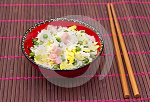 Cantonese rice on bamboo tablecloth