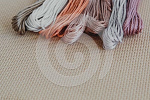 Canva aida beige and multi-colored thread mouline thread, cross-stitch