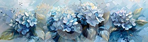 A canvas adorned with oilpainted hydrangeas, where bold brushstrokes meet the tranquility of a soft blue background.AI Generate