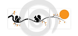 Canvas art design in three pieces. Squirrel silhouettes on branch on sunset